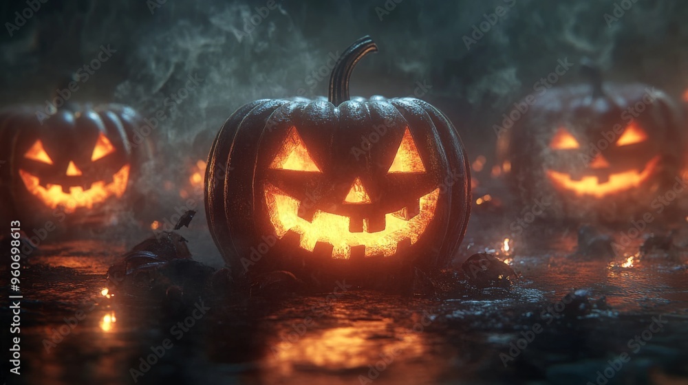 Glowing Jack-o'-Lantern in a Foggy Forest Glowing Jack-o'-Lantern in a Foggy Forest
