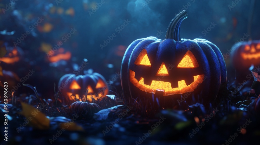 Fototapeta premium Lighted Blue Jack-o'-Lantern in a Spooky Forest