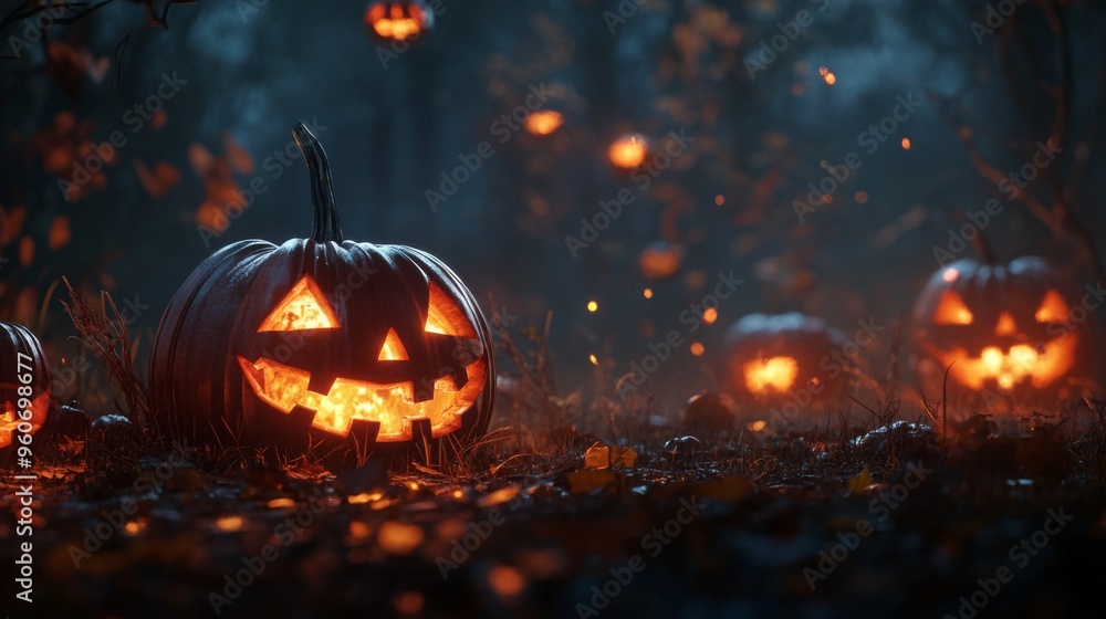 Illuminated Jack-o'-Lantern in a Dark and Foggy Forest Illuminated Jack-o'-Lantern in a Dark and Foggy Forest