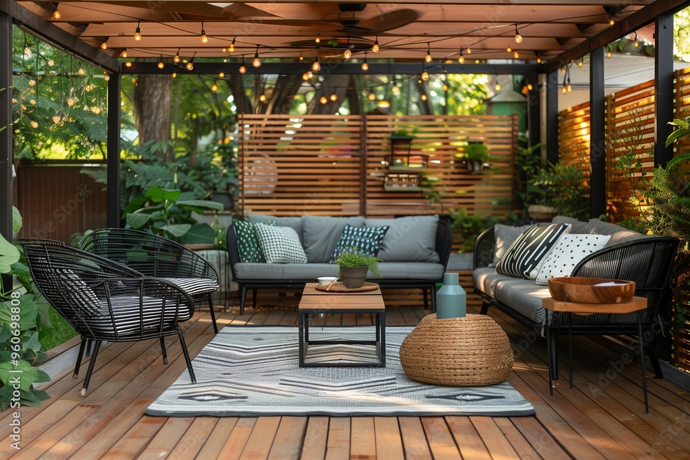 Fototapeta premium Terrace house with plants, wooden walls and tables, comfortable sofa