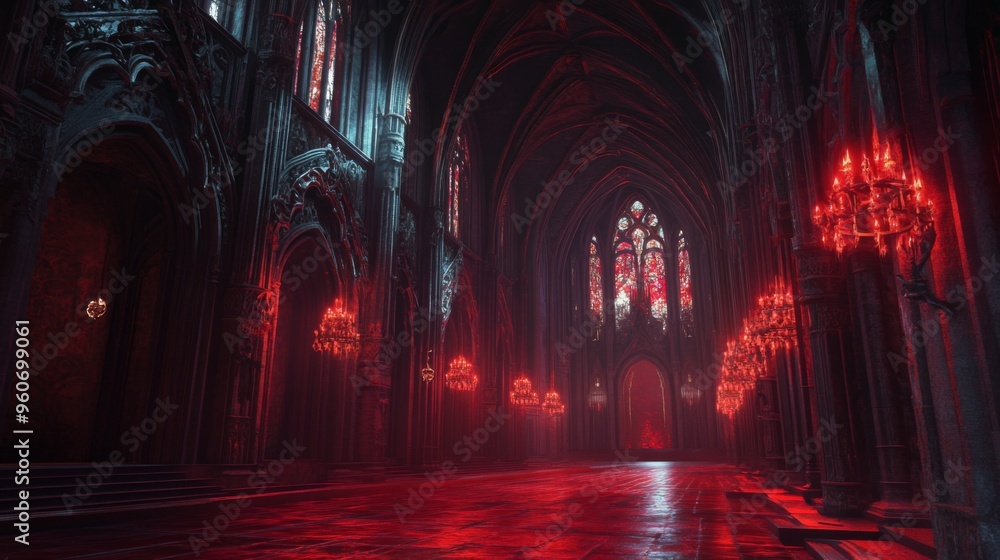 Red-Lit Gothic Cathedral Interior with Stained Glass Window Red-Lit Gothic Cathedral Interior with Stained Glass Window