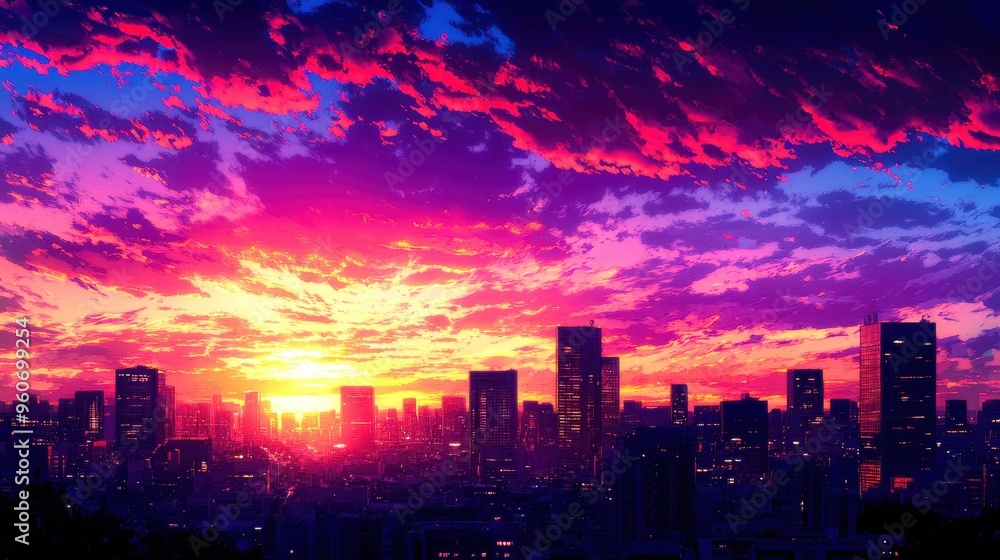Golden rays pierce the vibrant clouds as the sun sets behind a bustling city, illuminating skyscrapers and creating a tranquil evening ambiance Golden rays pierce the vibrant clouds as the sun sets behind a bustling city, illuminating skyscrapers and creating a tranquil evening ambiance