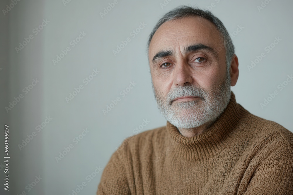 Obraz premium A man with a serious demeanor is lost in thought, showcasing an expression of deep contemplation in a softly lit space. Generative AI