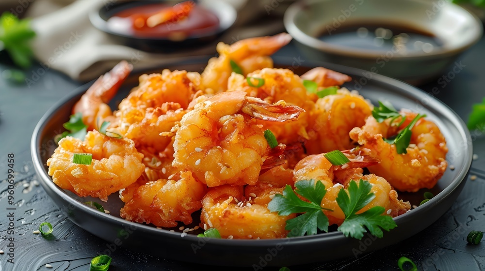 Crispy fried shrimp garnished with parsley in a black plate. Close-up view of delicious seafood for restaurant menu, banner, and food poster design Crispy fried shrimp garnished with parsley in a black plate. Close-up view of delicious seafood for restaurant menu, banner, and food poster design