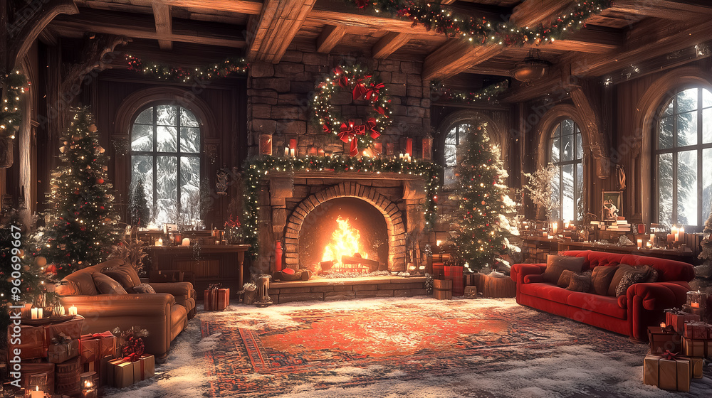A warm and inviting living area features a crackling fireplace, surrounded by beautifully decorated Christmas trees and wrapped gifts, creating a festive holiday atmosphere A warm and inviting living area features a crackling fireplace, surrounded by beautifully decorated Christmas trees and wrapped gifts, creating a festive holiday atmosphere