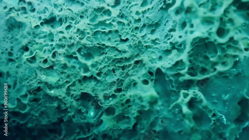 Close-up view of mold structure in a greenish hue. Concept of fungal growth, mold, spores, and microbiological research photo