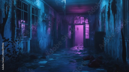 A Dark and Eerie Hallway in an Abandoned House Illuminated by Purple and Blue Lights