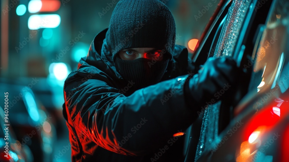 A shadowy figure in a dark hoodie is attempting to break into a car. The scene captures a city at night, with vibrant neon lights adding to the suspenseful atmosphere. A shadowy figure in a dark hoodie is attempting to break into a car. The scene captures a city at night, with vibrant neon lights adding to the suspenseful atmosphere.
