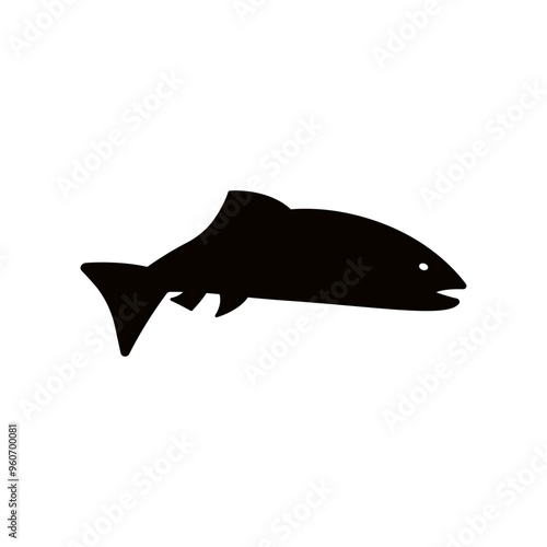 Vector illustration of fresh trout or rainbow trout freshwater fish, solid black on white. For menu, label, recipe, product packaging. Food element. Action promotion and advertising. Caviar. EPS 10.