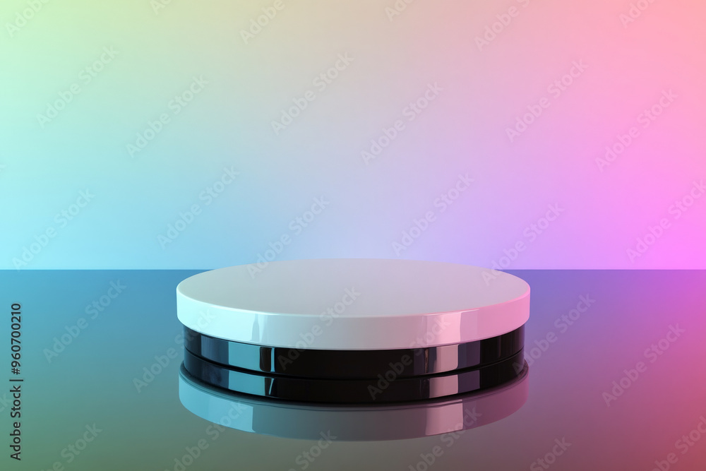 A glossy white podium with a smooth, rounded design, placed on a reflective black surface with a soft, gradient background in pastel colors. A glossy white podium with a smooth, rounded design, placed on a reflective black surface with a soft, gradient background in pastel colors.
