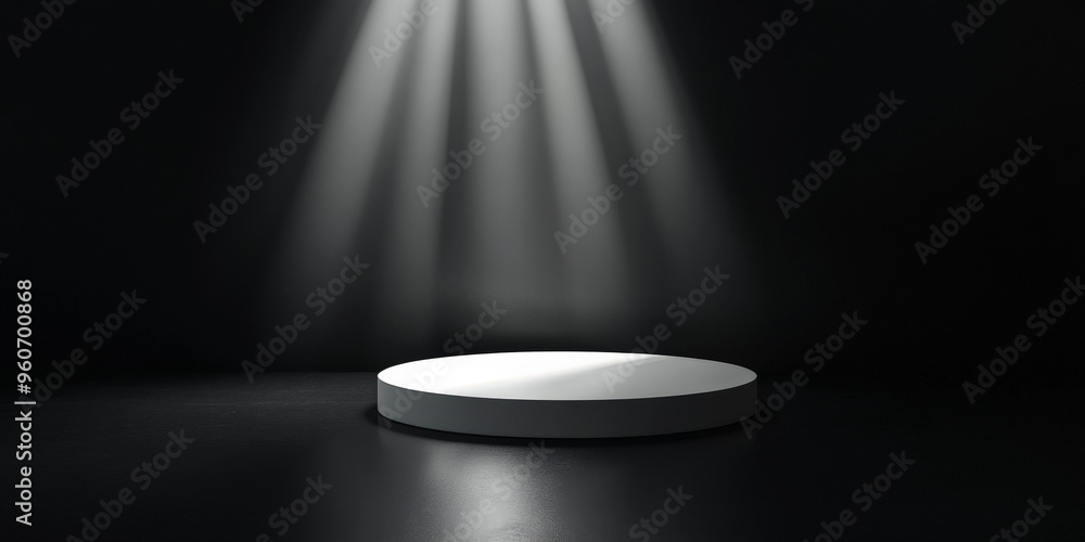A glossy white podium with a reflective surface, standing on a black floor with a deep shadowy background for a high-contrast, dramatic effect. A glossy white podium with a reflective surface, standing on a black floor with a deep shadowy background for a high-contrast, dramatic effect.