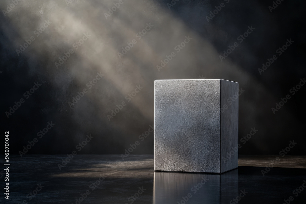 A smooth, gray stone podium standing on a reflective surface, with a minimalist dark background and soft spotlight creating a dramatic effect. A smooth, gray stone podium standing on a reflective surface, with a minimalist dark background and soft spotlight creating a dramatic effect.