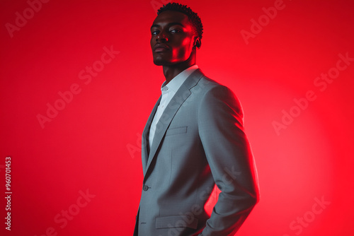 Fashionable Men in Light Gray Suit with Solid Neon Red Background Trendsetting Portrait photo