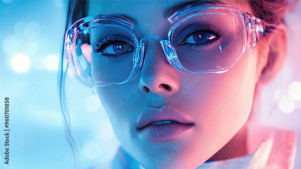 Futuristic Portrait of Young Woman with Transparent Glasses in Neon Lighting Futuristic Portrait of Young Woman with Transparent Glasses in Neon Lighting