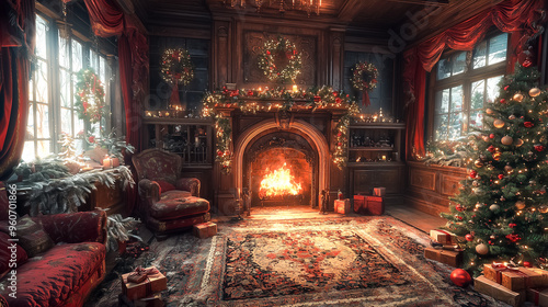 The cozy living room features a beautifully adorned Christmas tree, a crackling fireplace, and vibrant holiday decorations, creating a warm festive atmosphere