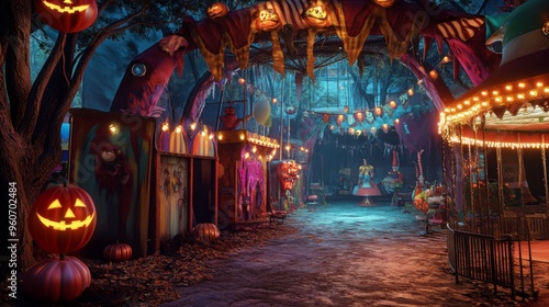 Spooky Halloween Carnival with Illuminated Pumpkins and a Haunted Carousel