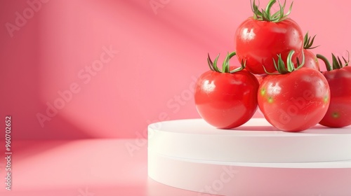 Fresh tomatoes on white podiums with pink background for product presentation photo