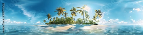 A beautiful tropical island with soft white sand, lush palm trees, and clear, turquoise waters. 