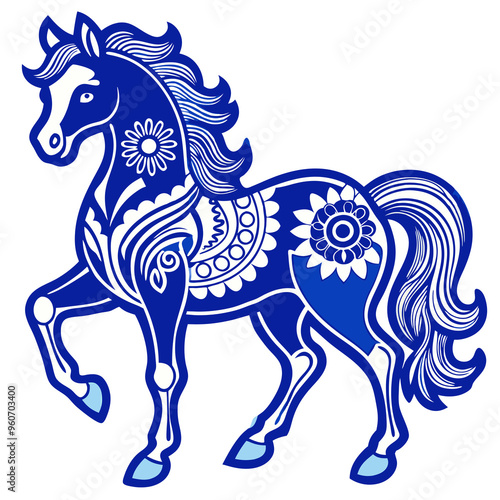 horse going from right to left, t-shirt print, classic blue color on white background, with floral pattern, transparent background, sticker print, vector photo