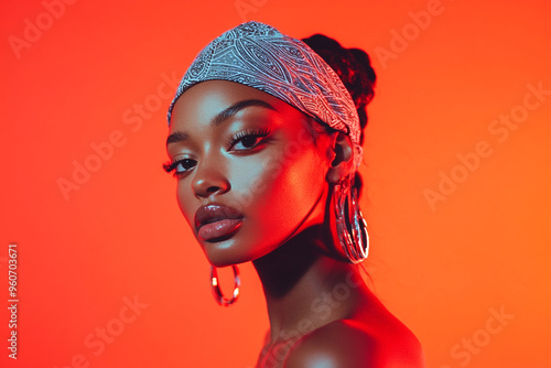 Fashionable Woman in Light Gray Bandana with Solid Neon Coral Background Trendsetting Portrait