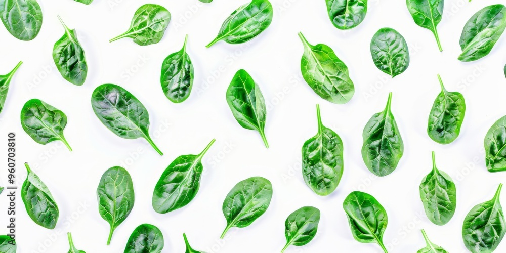 Captivating spinach leaves scattered on a white background, creating a fresh and vibrant natural pattern from a top view perspective Captivating spinach leaves scattered on a white background, creating a fresh and vibrant natural pattern from a top view perspective
