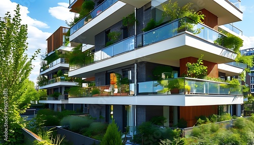 The sunny urban buildings show modern residential buildings with plants on the balcony, giving a peaceful atmosphere of life.