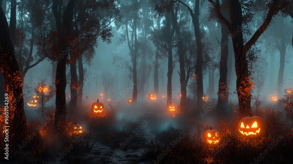 Illuminated Jack-o'-Lanterns in a Foggy Forest Illuminated Jack-o'-Lanterns in a Foggy Forest