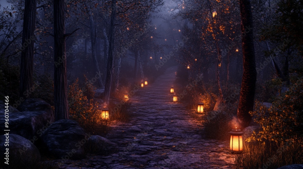 A Mystical Path Lit By Lanterns Through A Foggy Forest At Night