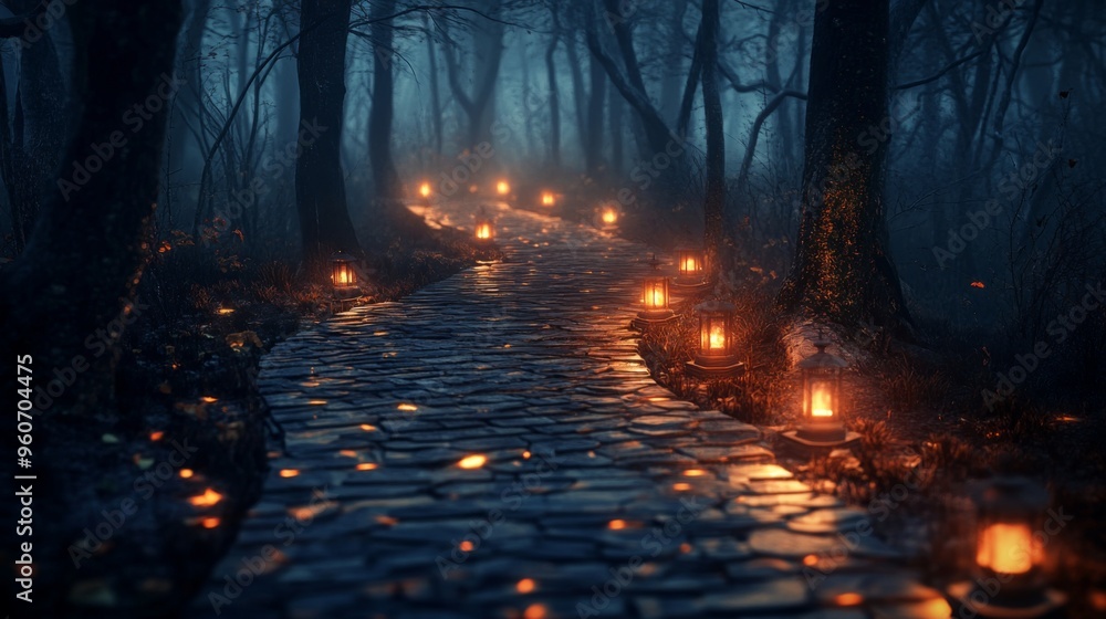 Stone Path Illuminated by Lanterns in a Foggy Forest Stone Path Illuminated by Lanterns in a Foggy Forest