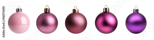 Set of Christmas baubles, color gradient from pink to mauve with different textures isolated on transparent background. Holiday and New Year decoration concept.