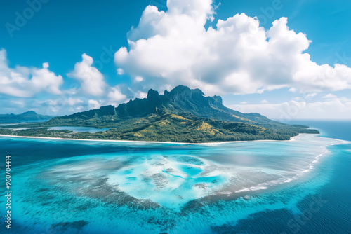 Aerial view of a green tropical island in the ocean