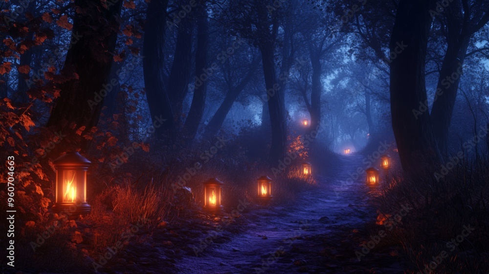Enchanting Path Lit by Lanterns Through a Foggy Forest at Night Enchanting Path Lit by Lanterns Through a Foggy Forest at Night