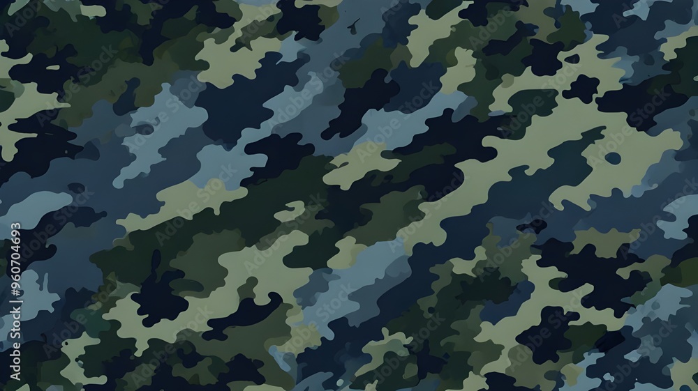 Fototapeta premium Blue camouflage illustration with military patterns in blue and green tones, seamless and seamless texture. A vector is a mathematical object that has magnitude and direction.