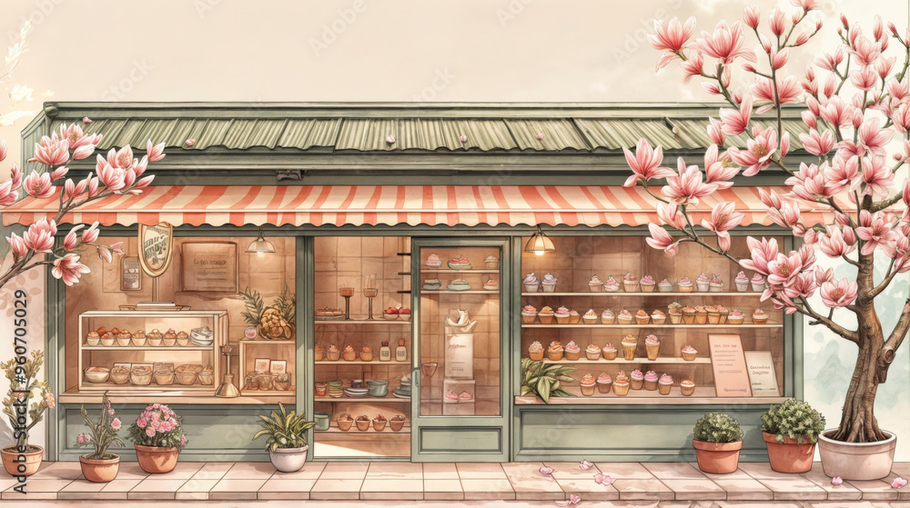 Fototapeta premium Charming Vintage Bakery Storefront with Blossoming Trees