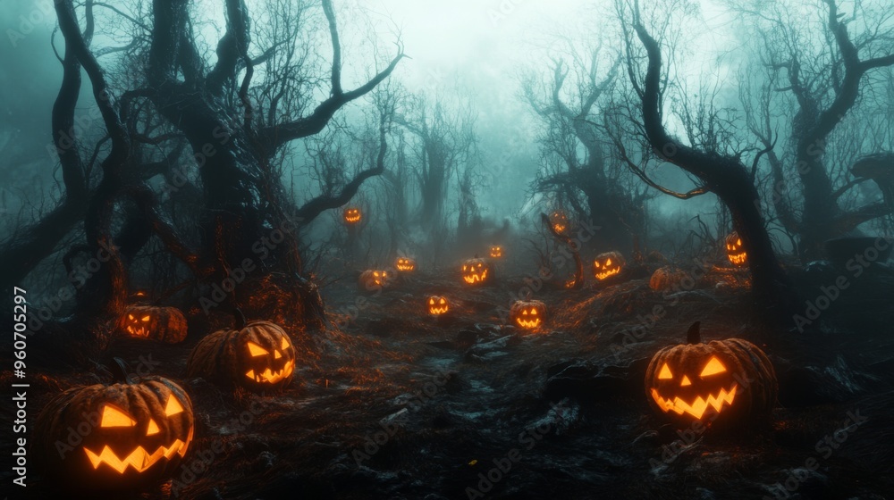 Glowing Jack-o'-lanterns Scattered Through A Foggy Forest Glowing Jack-o'-lanterns Scattered Through A Foggy Forest