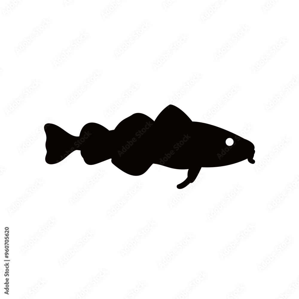 Vector illustration of fresh cod fish ocean fish, solid black on white. For menu, label, recipe, product packaging. Oceanfood design element. For action promotion and advertising, mockup. EPS 10 Vector illustration of fresh cod fish ocean fish, solid black on white. For menu, label, recipe, product packaging. Oceanfood design element. For action promotion and advertising, mockup. EPS 10