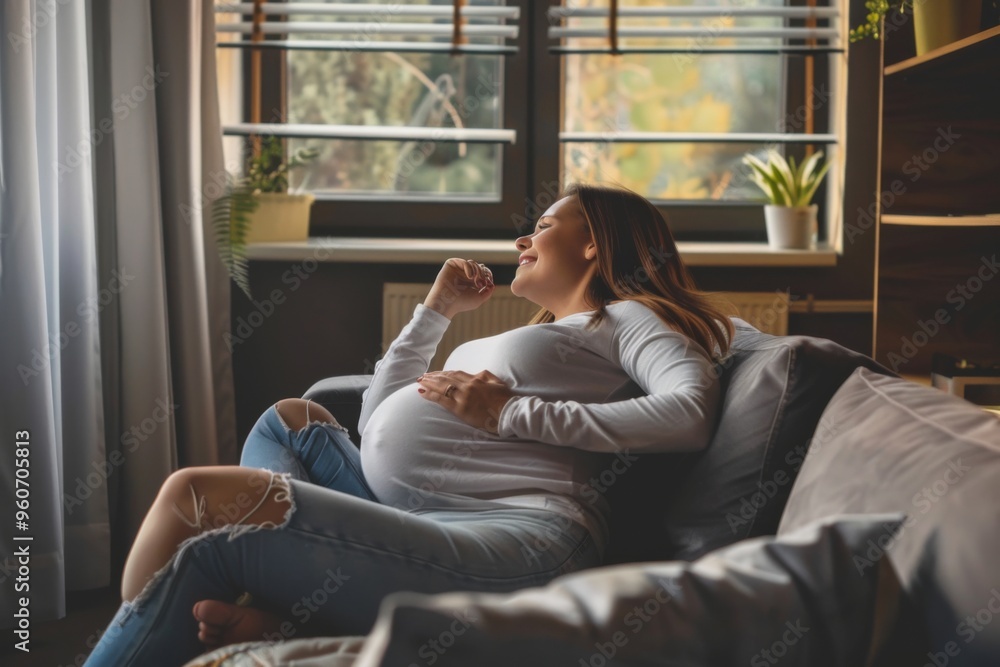 A joyful pregnant woman enjoying a peaceful afternoon on the sofa in her cozy living room surrounded by natural light A joyful pregnant woman enjoying a peaceful afternoon on the sofa in her cozy living room surrounded by natural light