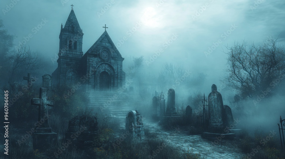A Foggy Church and Graveyard on a Moonlit Night A Foggy Church and Graveyard on a Moonlit Night