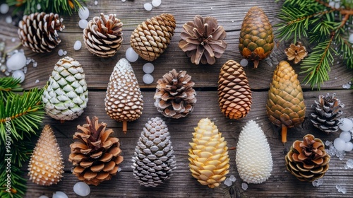 Elegant flat lay composition showcasing pinecones arranged on a rustic wooden background surface