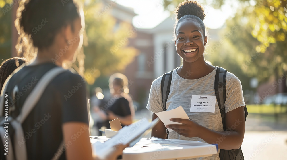 smiling black volunteer engaging with a voter and asking questions during US elections at a polling place. Perfect for visuals highlighting community involvement, voter assistance, smiling black volunteer engaging with a voter and asking questions during US elections at a polling place. Perfect for visuals highlighting community involvement, voter assistance,