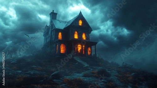 A Haunted Victorian Mansion on a Hilltop Under a Stormy Sky