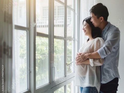 Joyful moment of a loving Japanese couple embracing pregnancy by the window at home, eagerly awaiting their baby's arrival