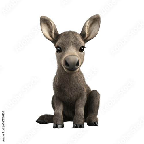 Cute 3D Sitting Baby Donkey Cartoon Character - Isolated on White Transparent Background, PNG 