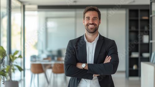 photorealistic portrait of a smiling young businessman standing in a modern apartment interior, representing success in property investment and real estate agreements. Great for vi