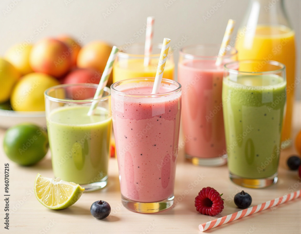 Vibrant Array of Freshly Blended Fruit Smoothies Vibrant Array of Freshly Blended Fruit Smoothies
