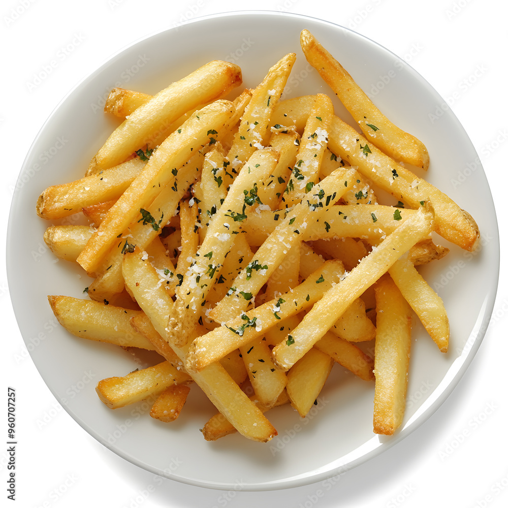 Top view Garlic Parmesan French Fries on white plate, Isolated on White Background Top view Garlic Parmesan French Fries on white plate, Isolated on White Background