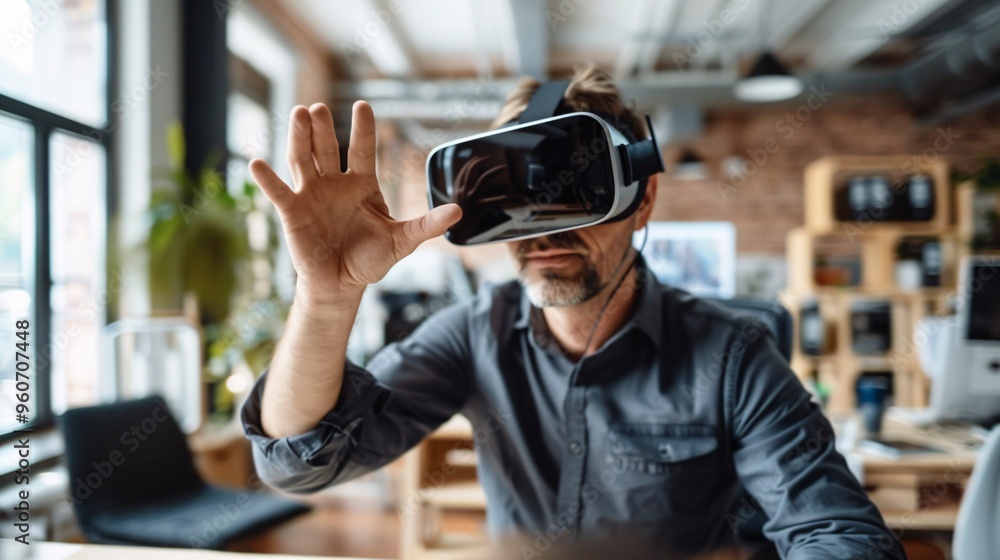 Man Experiencing Virtual Reality in a Modern Office Man Experiencing Virtual Reality in a Modern Office