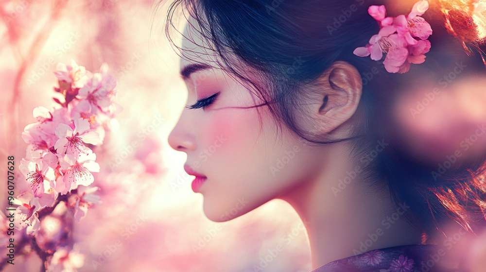 A Woman With Long Black Hair Surrounded by Pink Flowers A Woman With Long Black Hair Surrounded by Pink Flowers