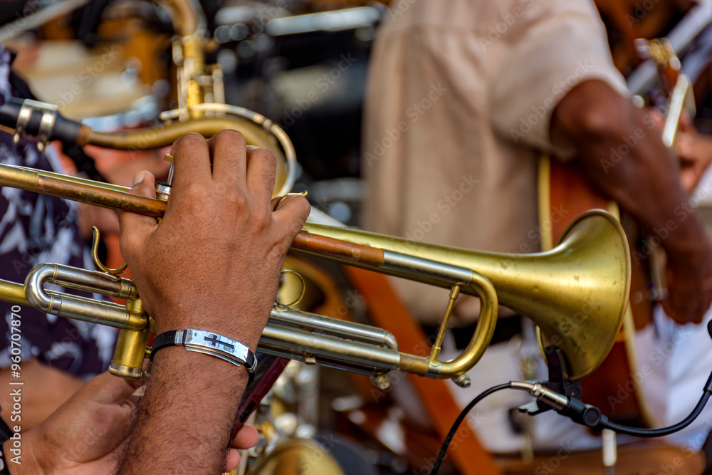 Fototapeta premium Trumpet player and group of musicians during a musical performance in the streets of Recife