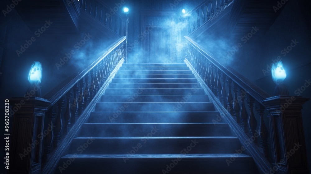 Eerie, Foggy Staircase with Ghostly Lights in a Dark House Eerie, Foggy Staircase with Ghostly Lights in a Dark House